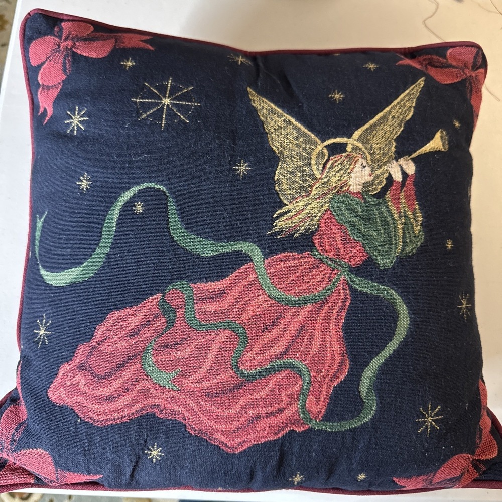 Angel Christmas Pillow Newport Brand Trumpet Black/red/green Tapestry 15 X 15